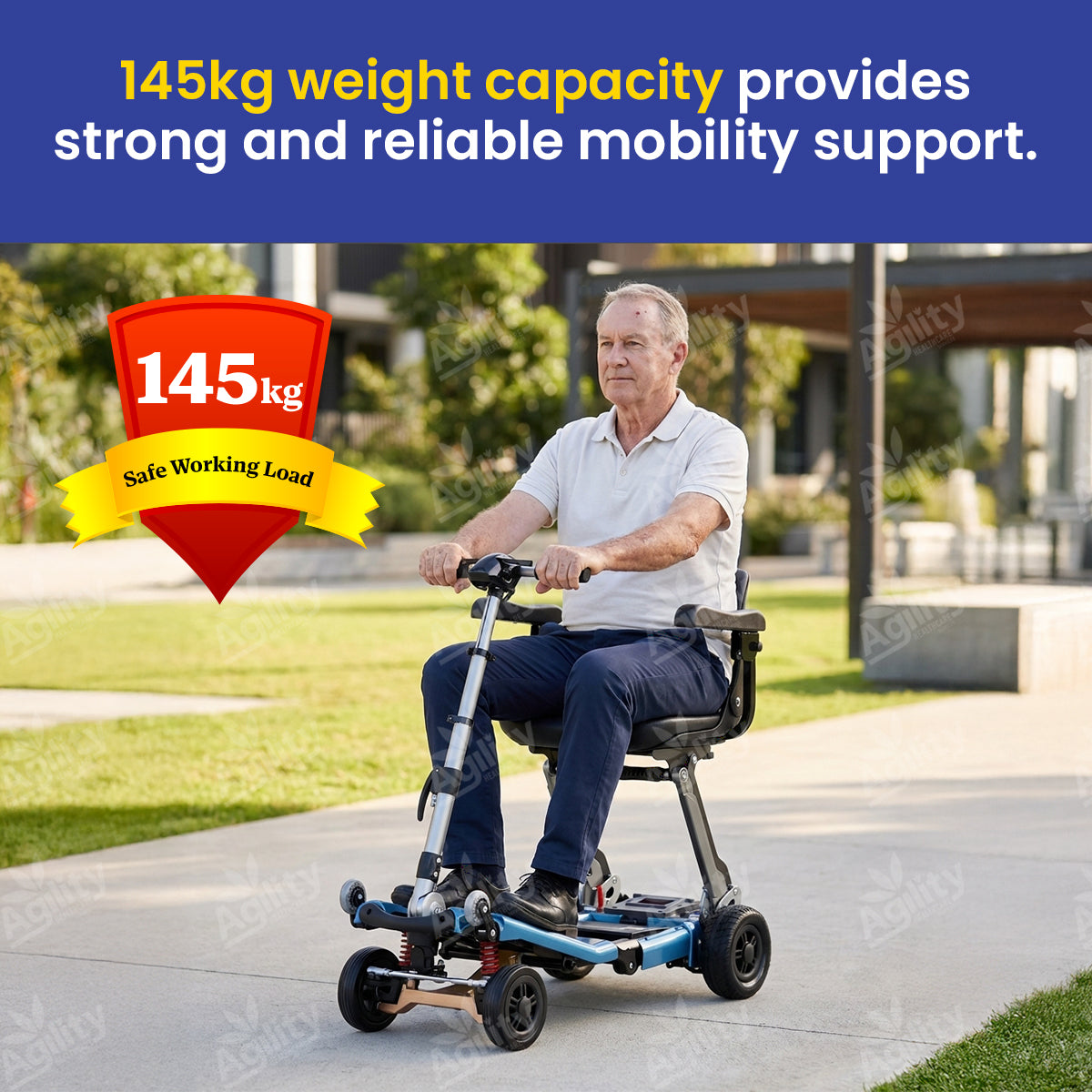 Man using a Luggie Elite Deluxe Folding Mobility Scooter with a 145kg weight capacity label in an outdoor setting.