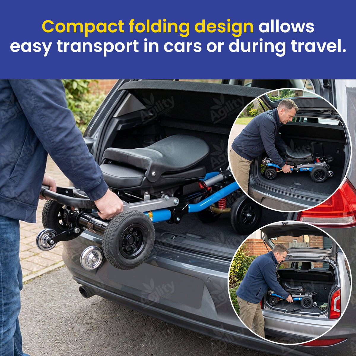 Person loading a compact Luggie Elite Deluxe Folding Mobility Scooter into a car trunk with text highlighting its ease of transport.