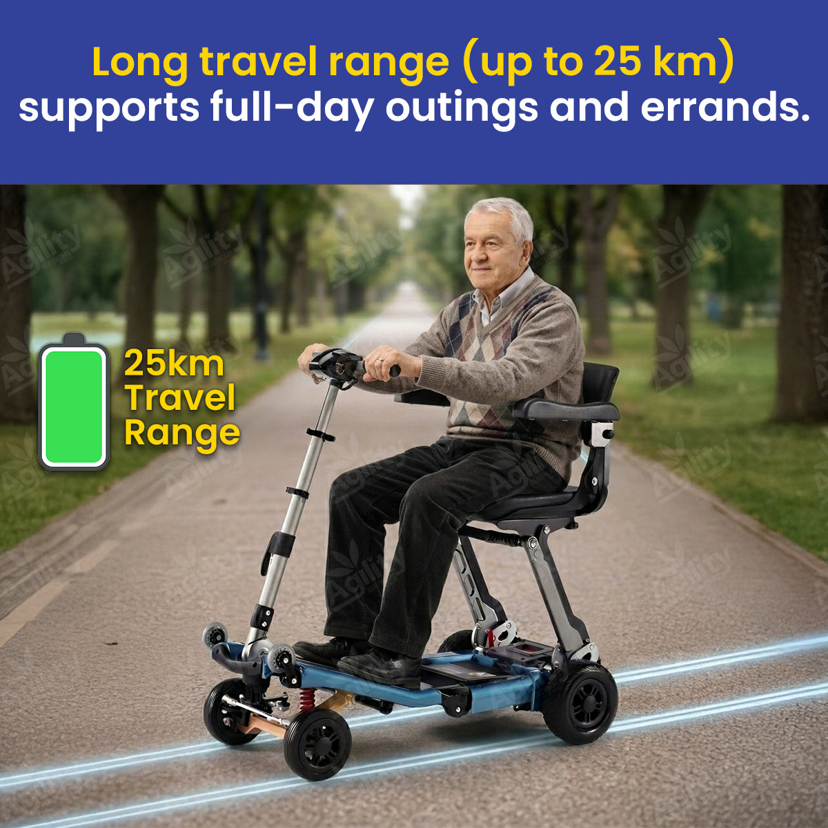 Man riding a Luggie Elite Deluxe Folding Mobility Scooter  with text about travel range in a park setting