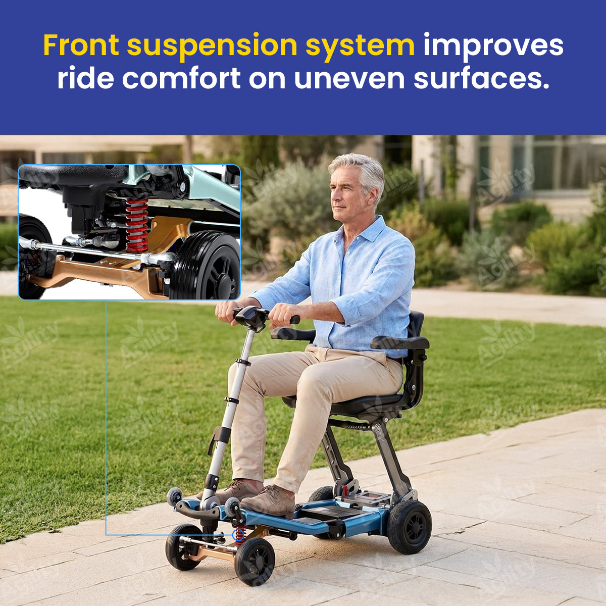 Man using a Luggie Elite Deluxe Folding Mobility Scooter  with front suspension system on a sidewalk.