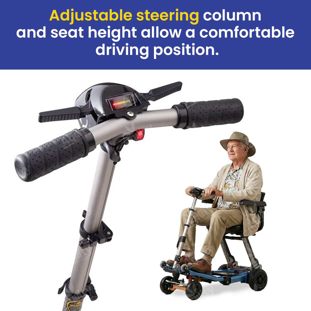Luggie Elite Deluxe Folding Mobility Scooter with adjustable steering column and seat height on a white background