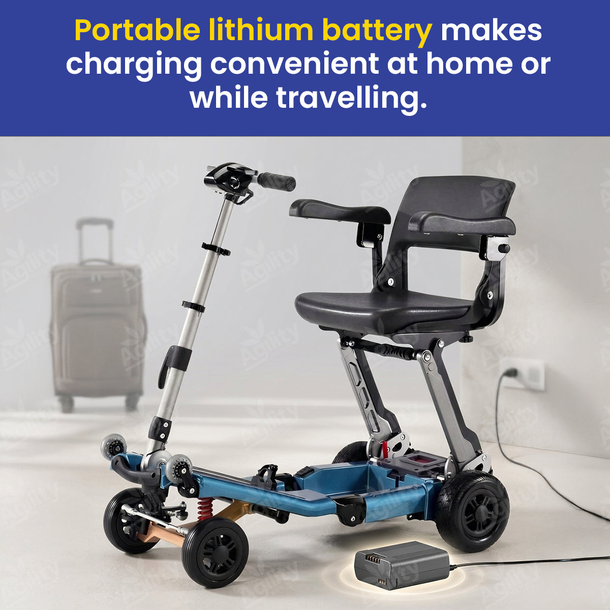 Portable lithium battery-powered Luggie Elite Deluxe Folding Mobility Scooter with text about convenience for home or travel.