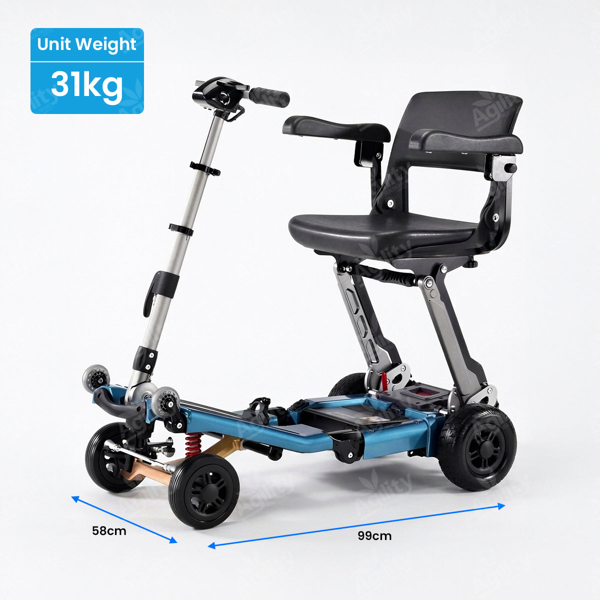 Luggie Elite Deluxe Folding Mobility Scooter with seat and handlebars on a white background, showing unit weight and dimensions.