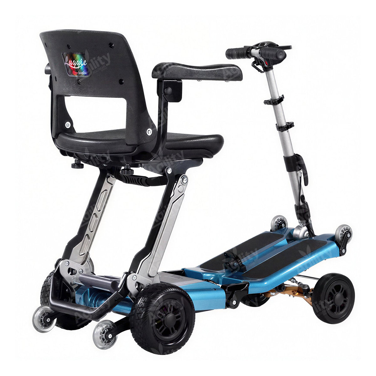 Luggie Elite Deluxe Folding Mobility Scooter with a seat and handlebar on a white background