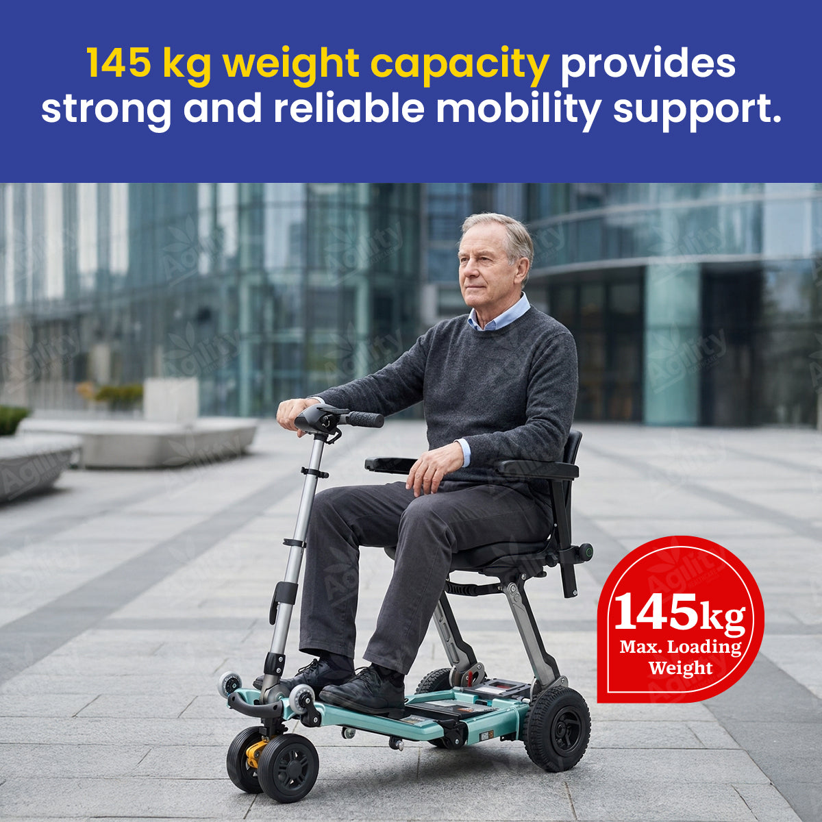 Man using a Luggie Elite Plus Foldable Mobility Scooter with text about weight capacity in an urban setting