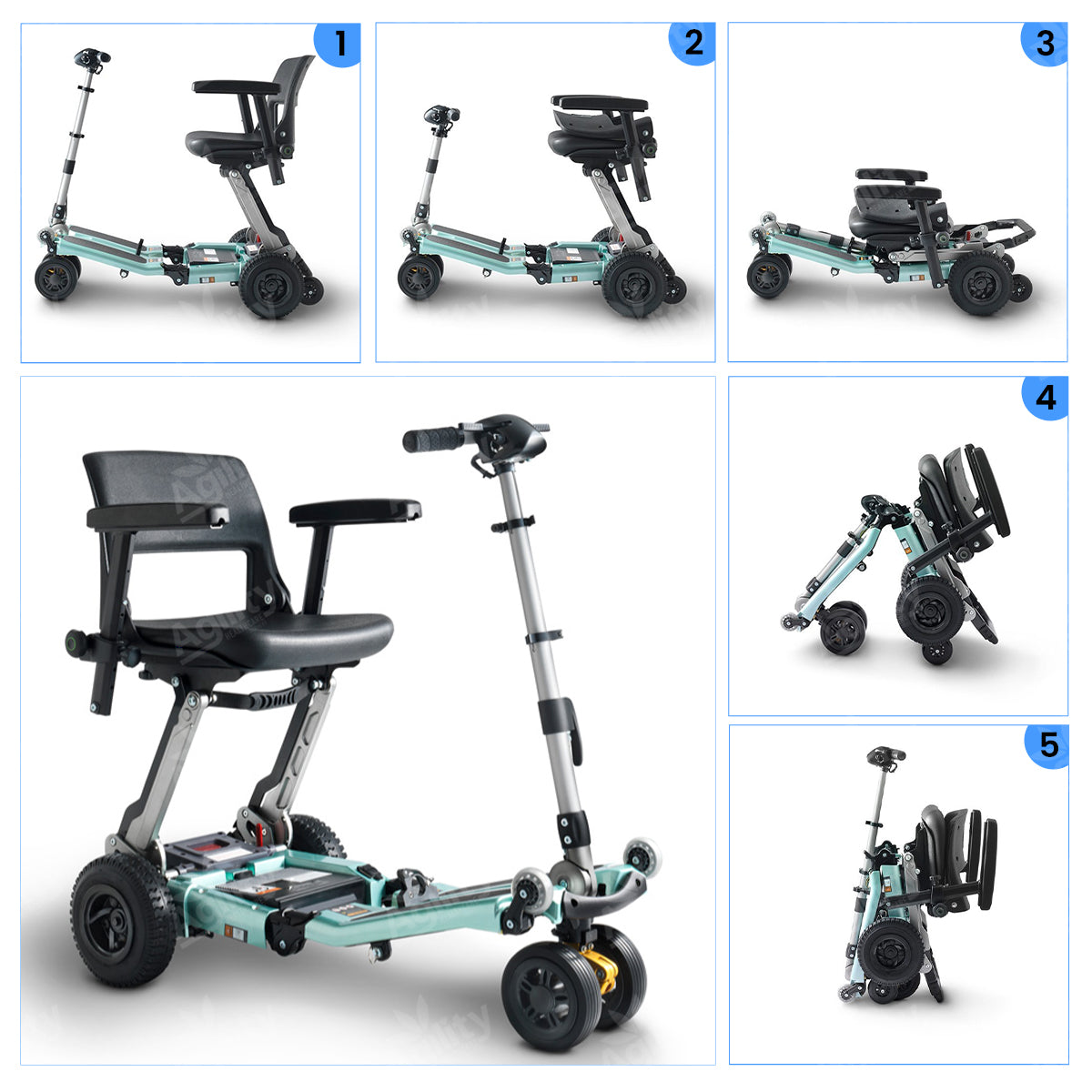 Multiview of a Luggie Elite Plus Foldable Mobility Scooterwith different angles displayed.