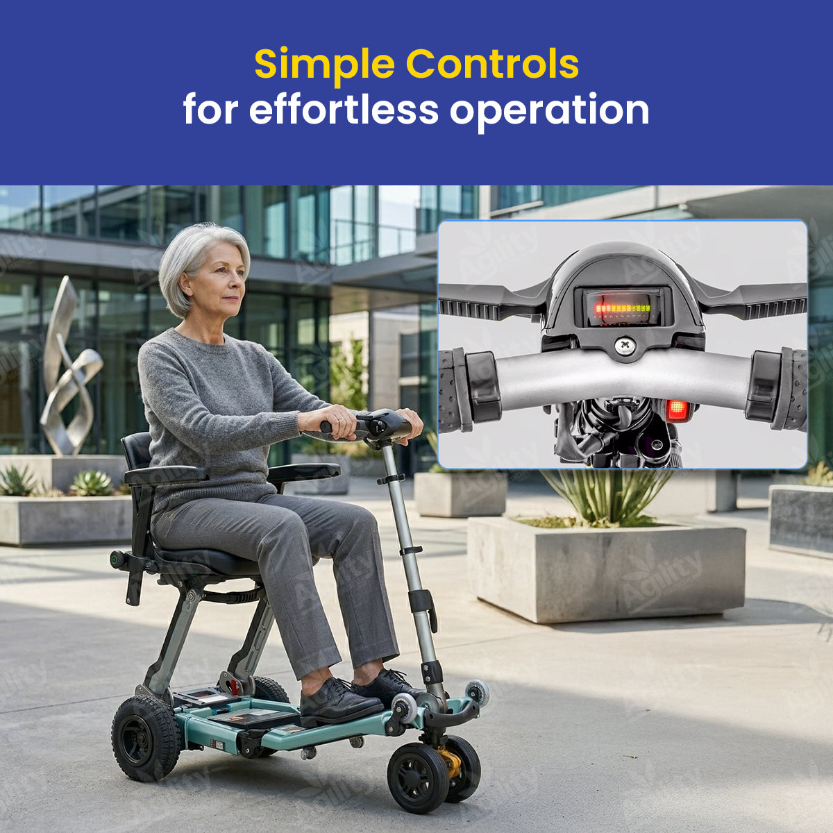 Woman using a Luggie Elite Plus Foldable Mobility Scooter with control panel details in an outdoor setting