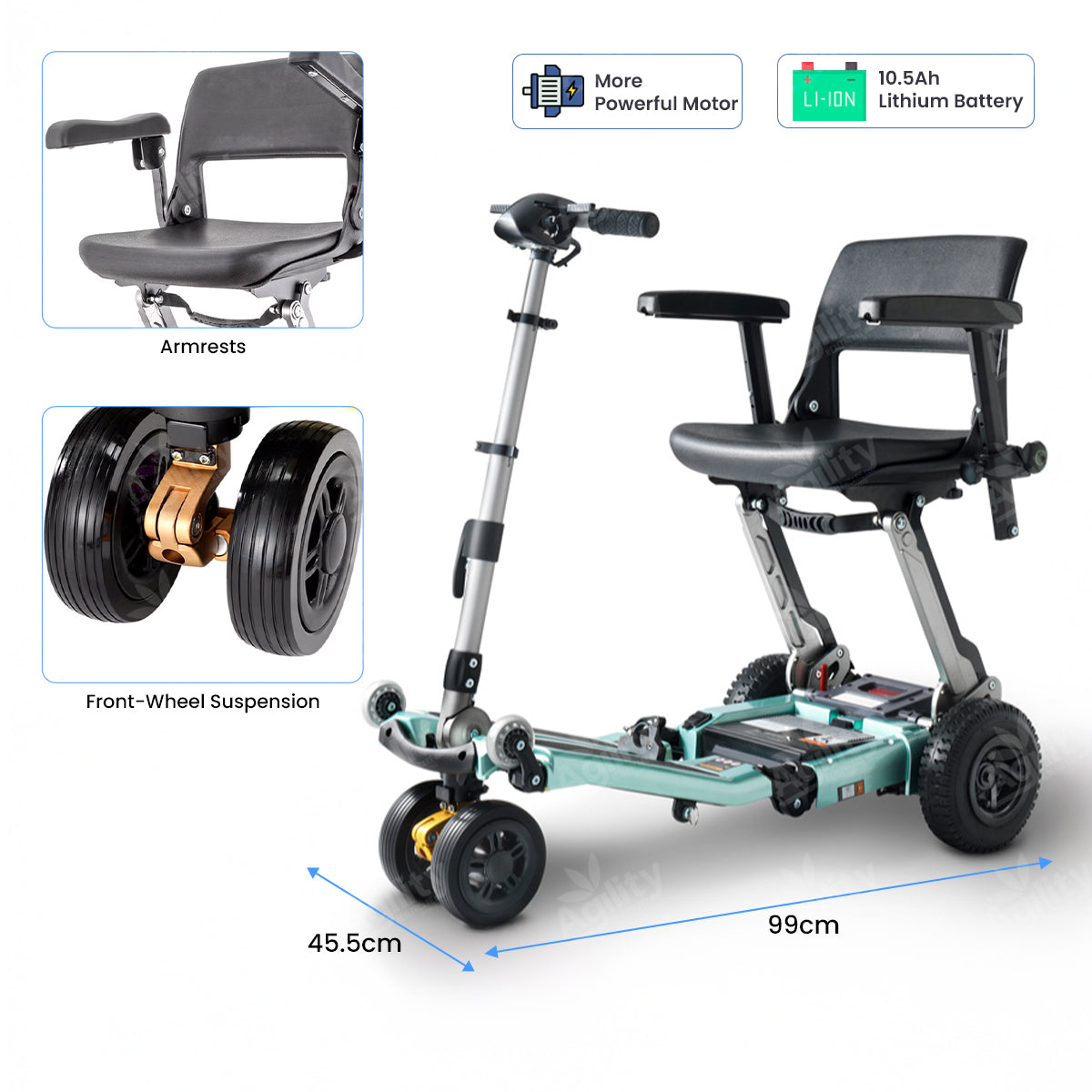 Luggie Elite Plus Foldable Mobility Scooter with features highlighted on a white background