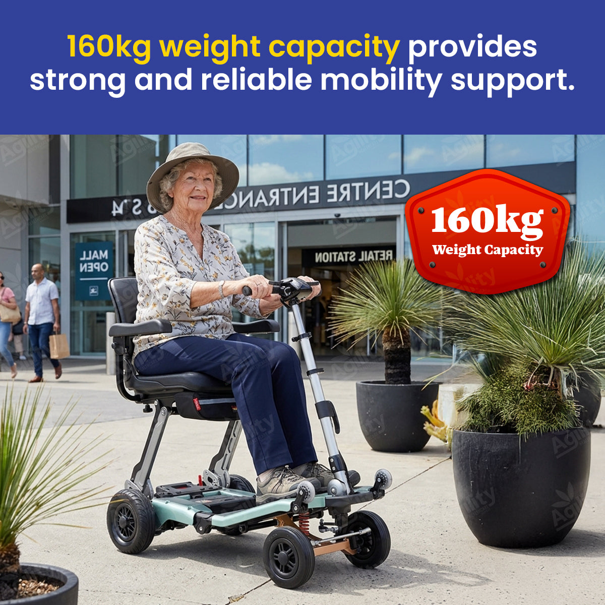 A woman using a Luggie Super Deluxe Folding Mobility Scooter with text highlighting weight capacity in an urban setting.