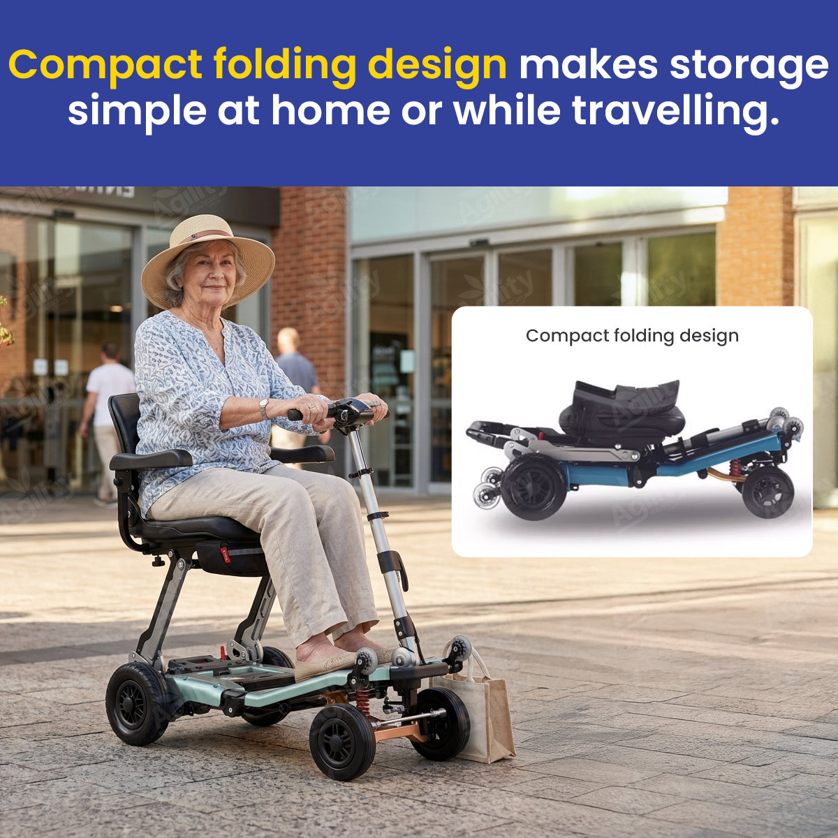 Woman using a mobility scooter with text highlighting compact folding design.