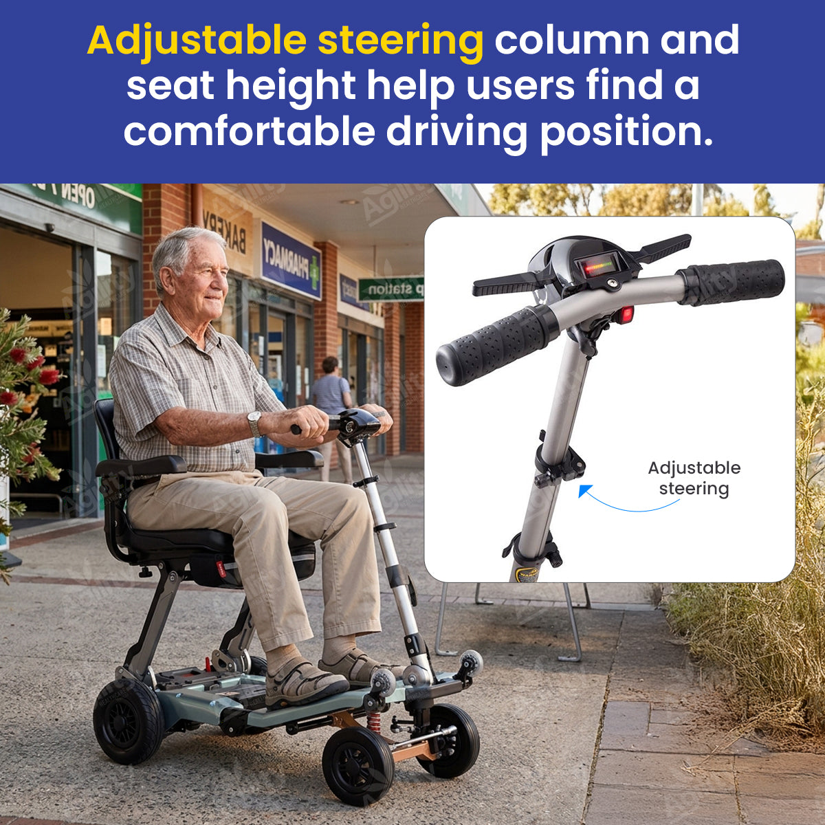 Man using a Luggie Super Deluxe Folding Mobility Scooter with an adjustable steering column on a sidewalk.