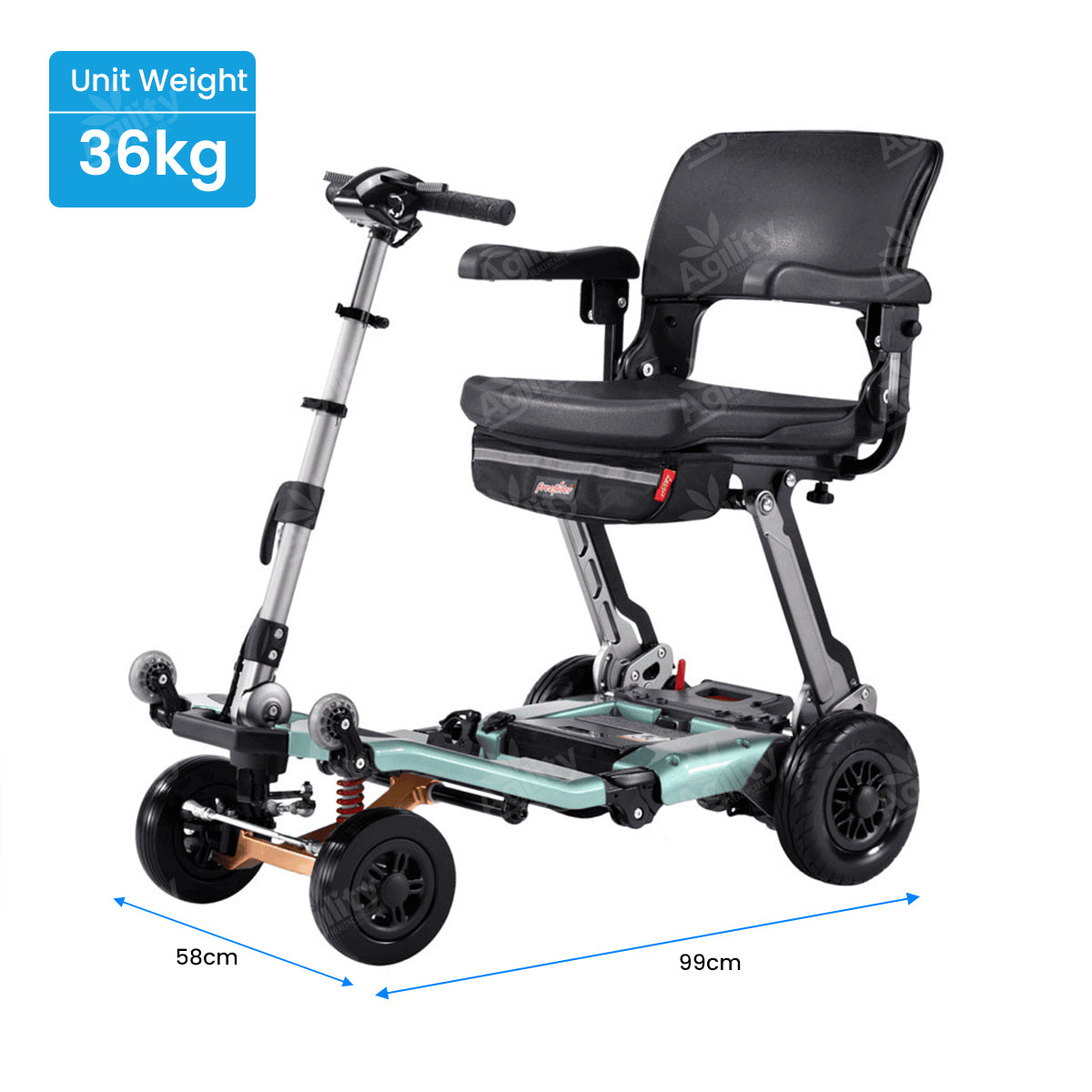 Luggie Super Deluxe Folding Mobility Scooter with seat and dimensions on a white background