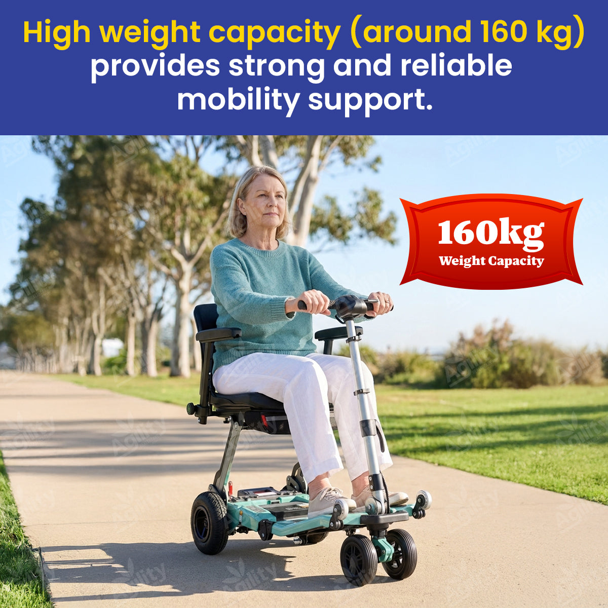 A woman using a Luggie Super Plus Folding Mobility Scooter with text about weight capacity in an outdoor setting
