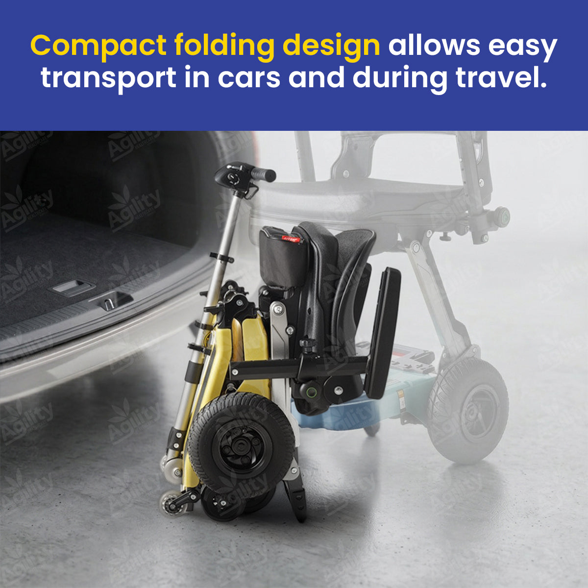 Luggie Super Plus Folding Mobility Scooter with text about compact folding design for easy transport.
