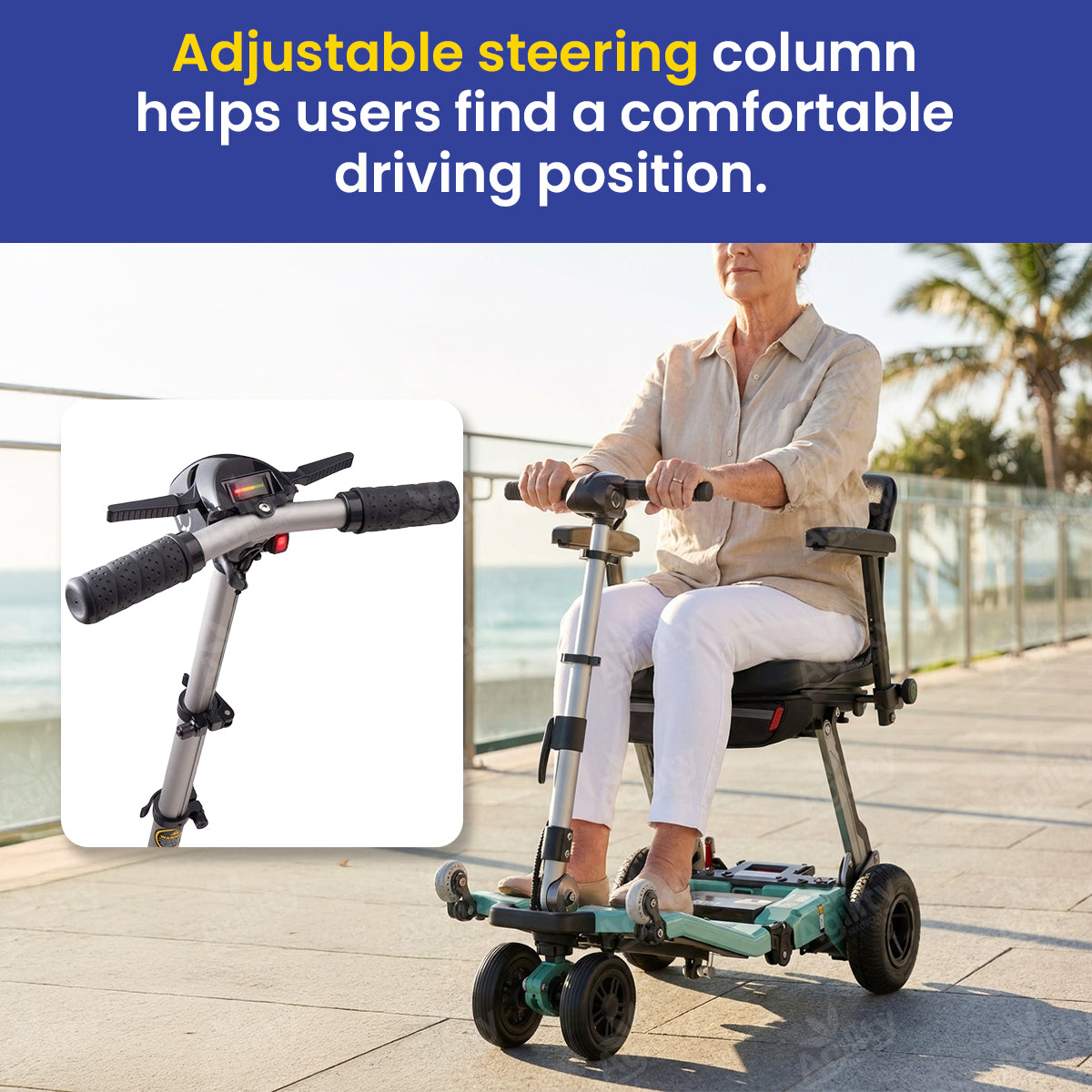 Woman using a Luggie Super Plus Folding Mobility Scooter with an adjustable steering column on a sunny deck.