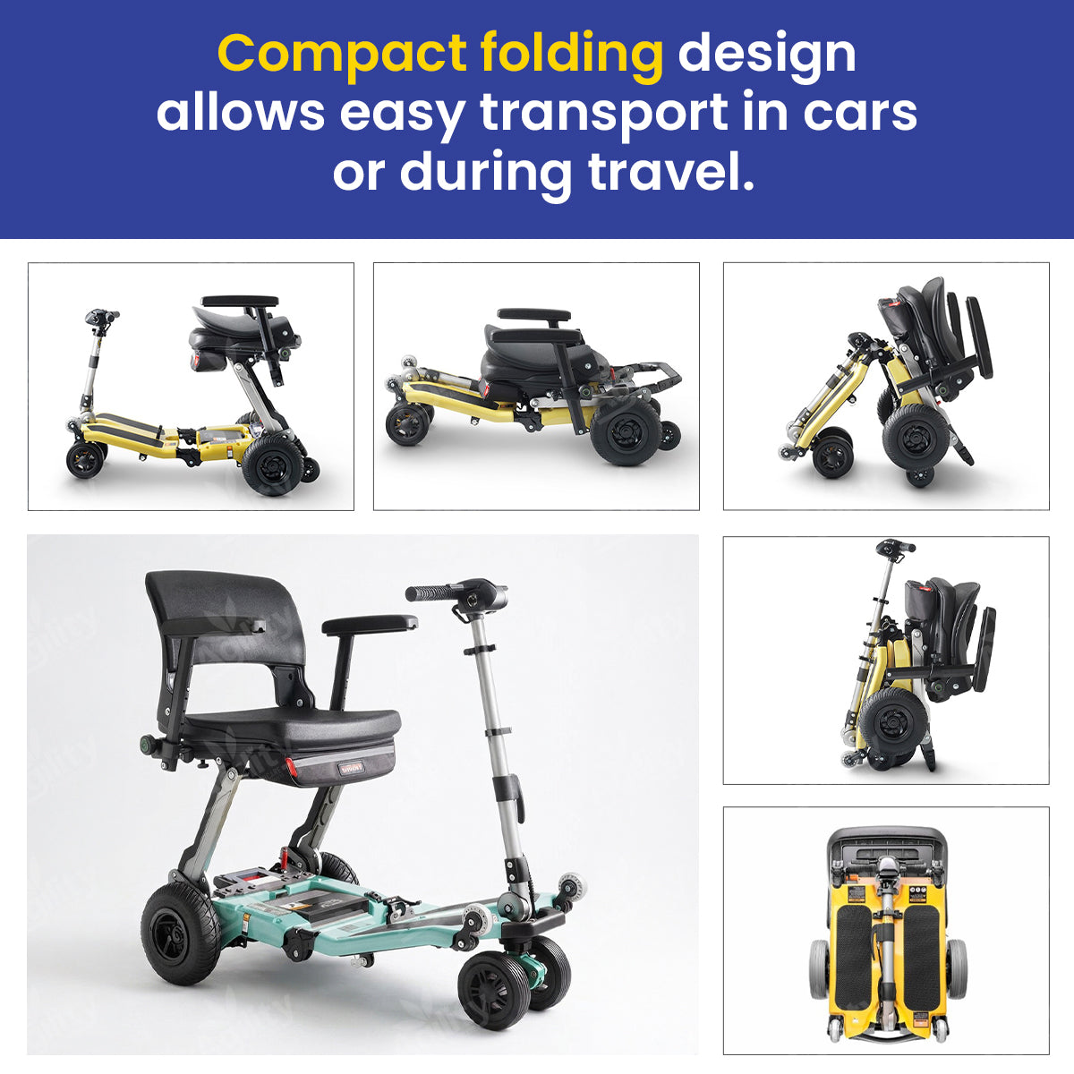The Luggie Super Plus Folding Mobility Scooter is shown in various stages of folding on a white background with text about easy transport.