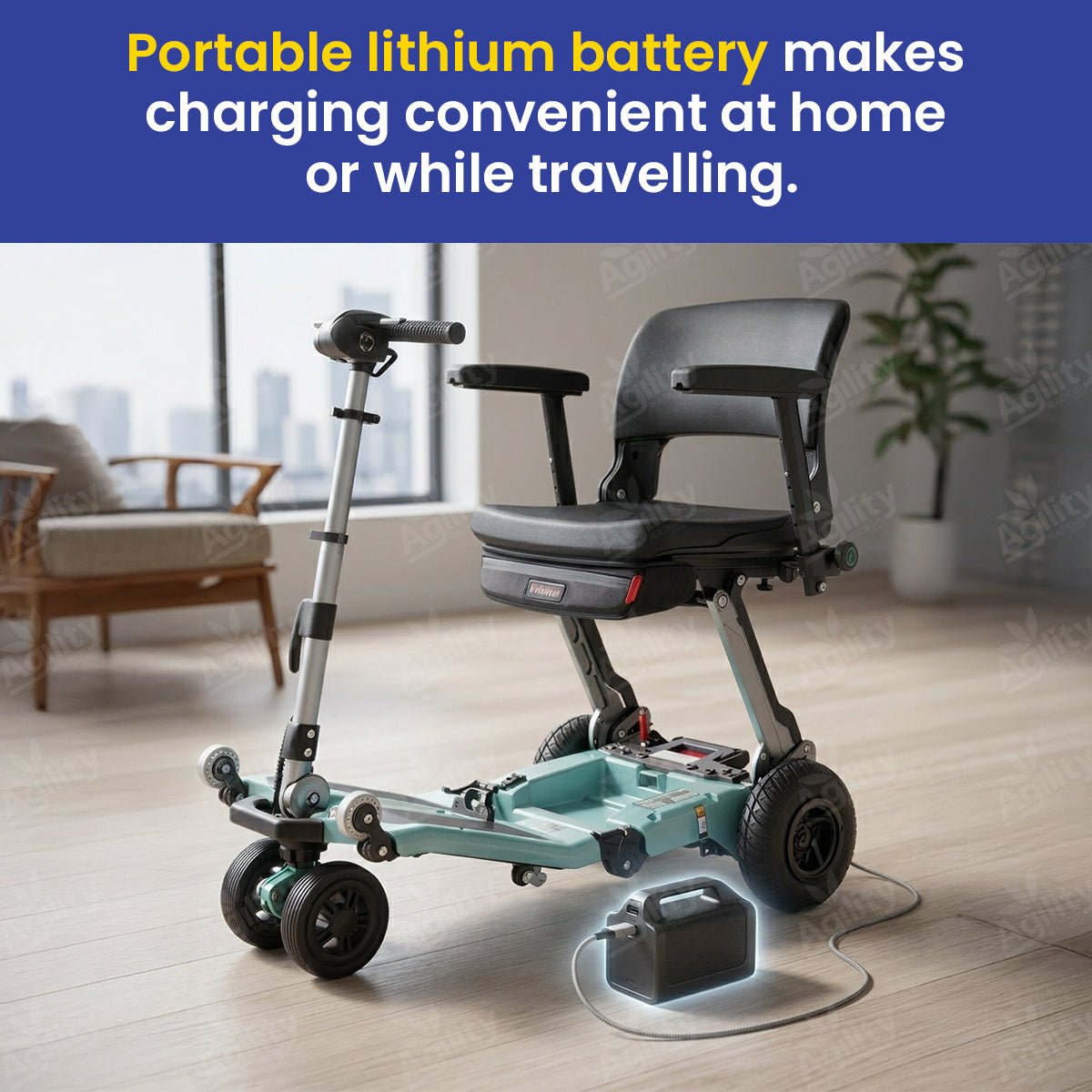 Portable lithium battery-powered Luggie Super Plus Folding Mobility Scooter with charging cable on a wooden floor.