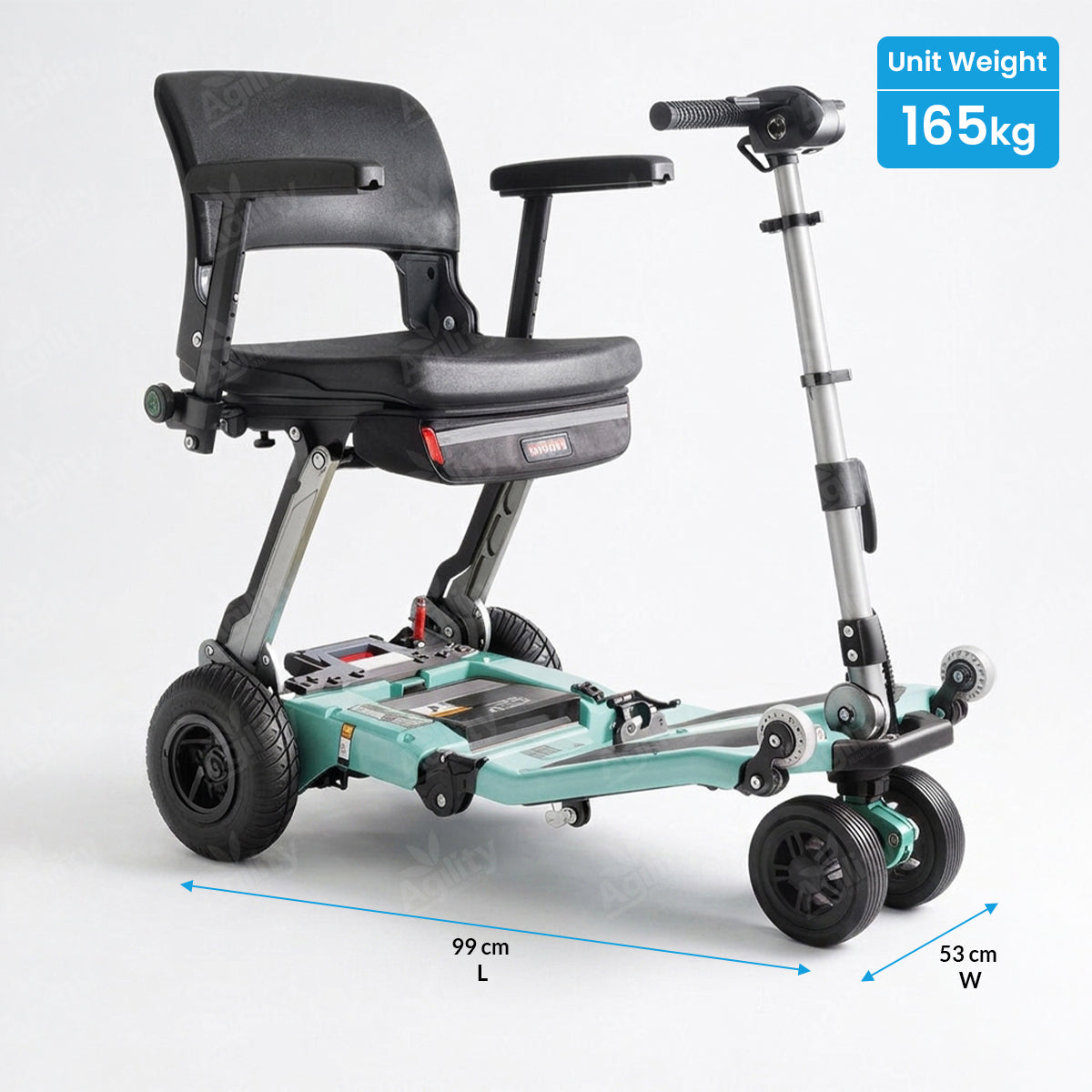 Luggie Super Plus Folding Mobility Scooter with seat and dimensions on a white background