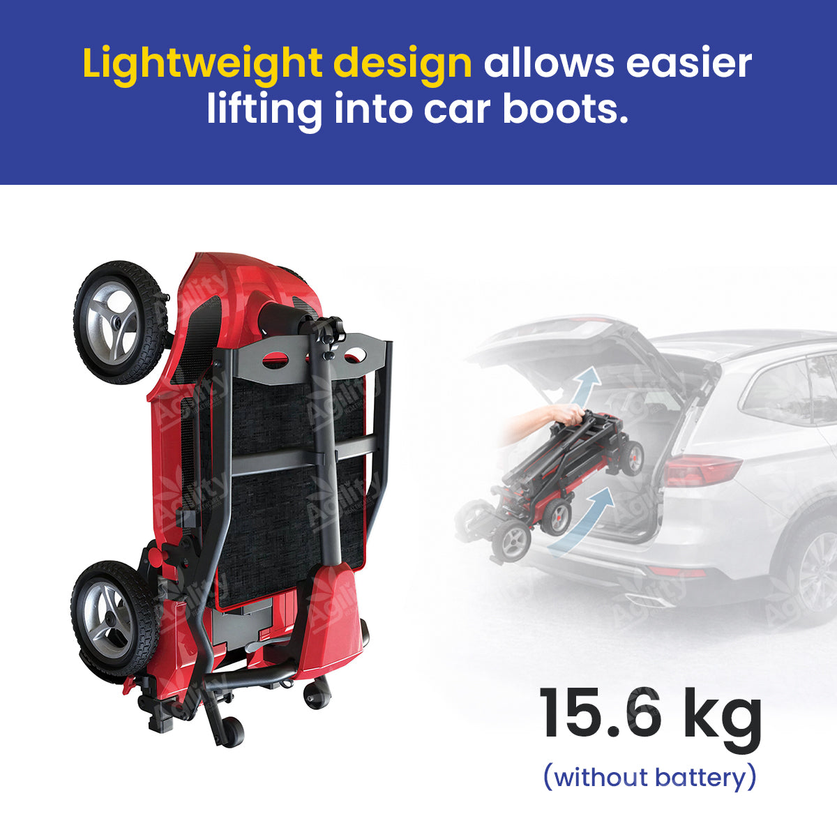Go Lite Travel Mobility Scooter with wheels, shown being lifted into a car trunk, on a white background.