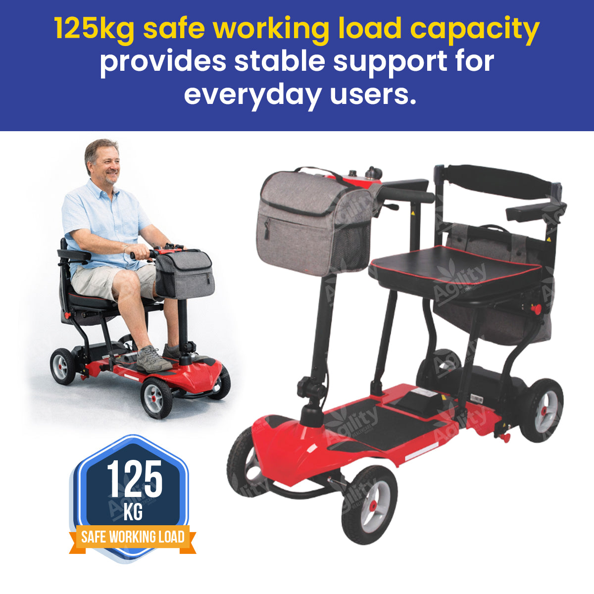 Go Lite Travel Mobility Scooter with a man sitting on it, featuring a 125 kg safe working load capacity label.