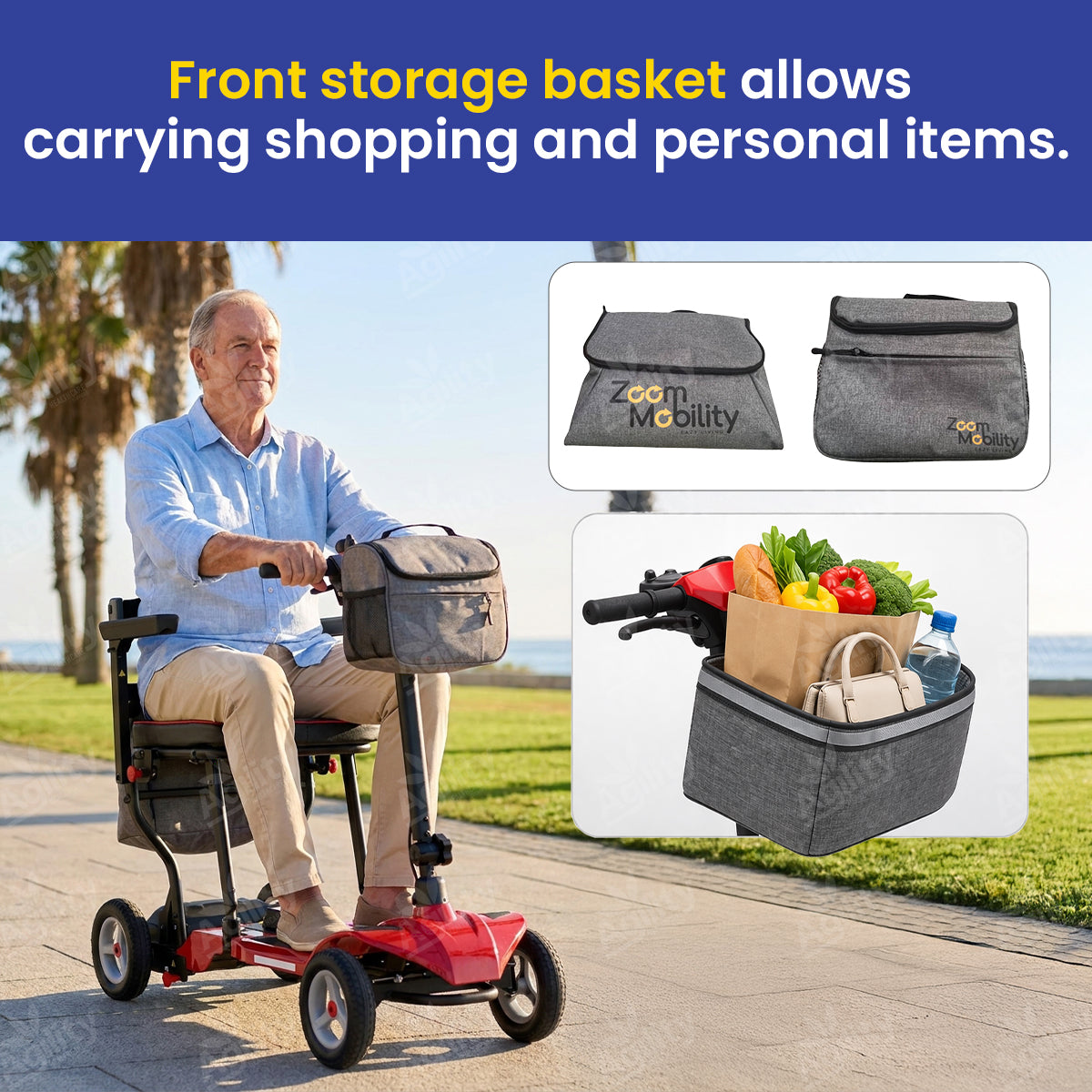 A man is using a Go Lite Travel Mobility Scooter with a front storage basket, surrounded by images of the basket and its contents.