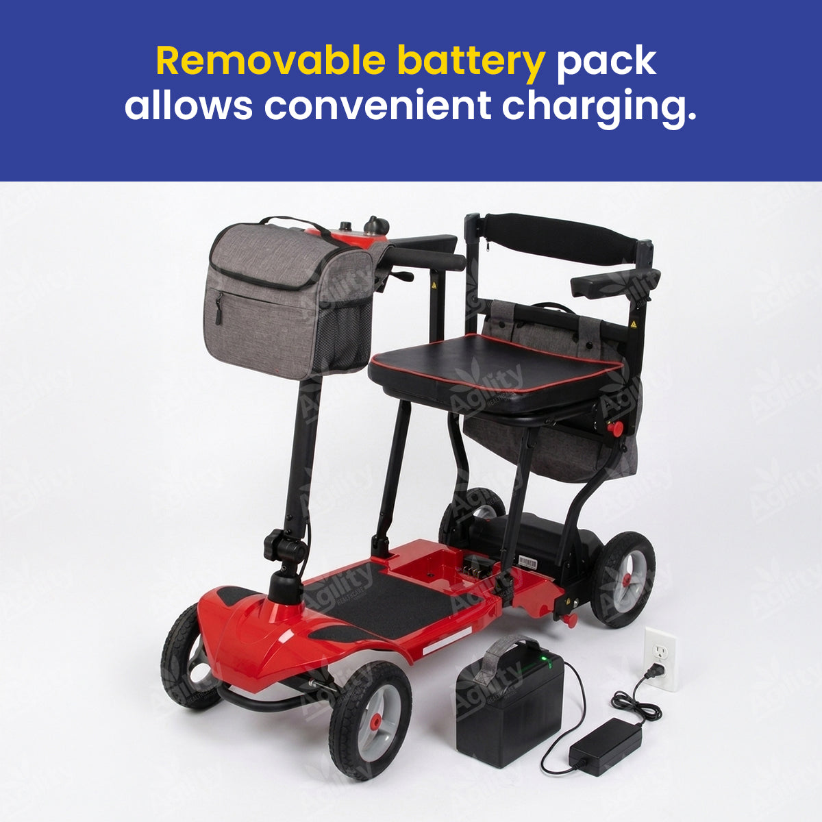 Go Lite Travel Mobility Scooter with a grey bag and detachable battery pack on a white background.