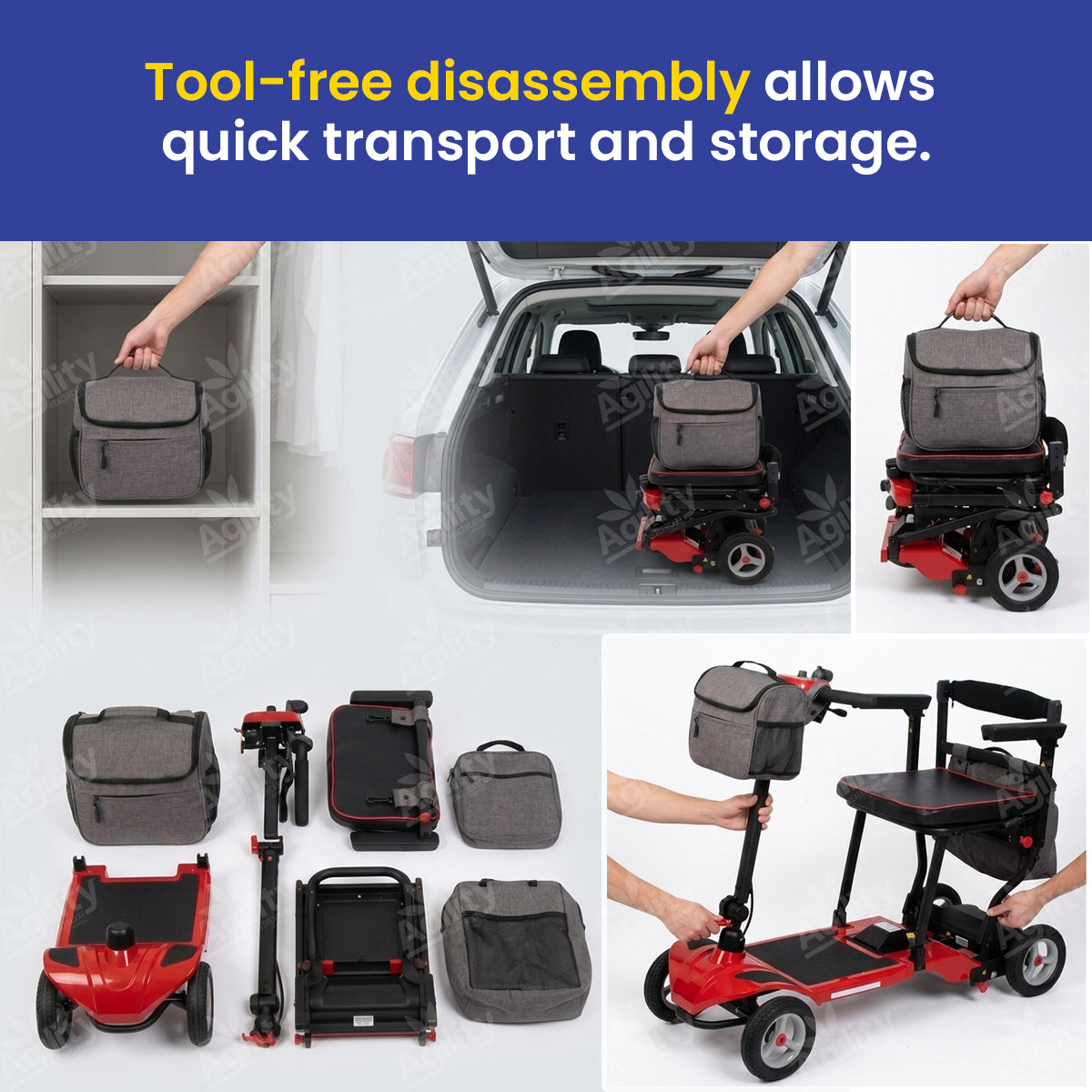 Collage of images showing a Go Lite Travel Mobility Scooter being disassembled, stored, and transported.