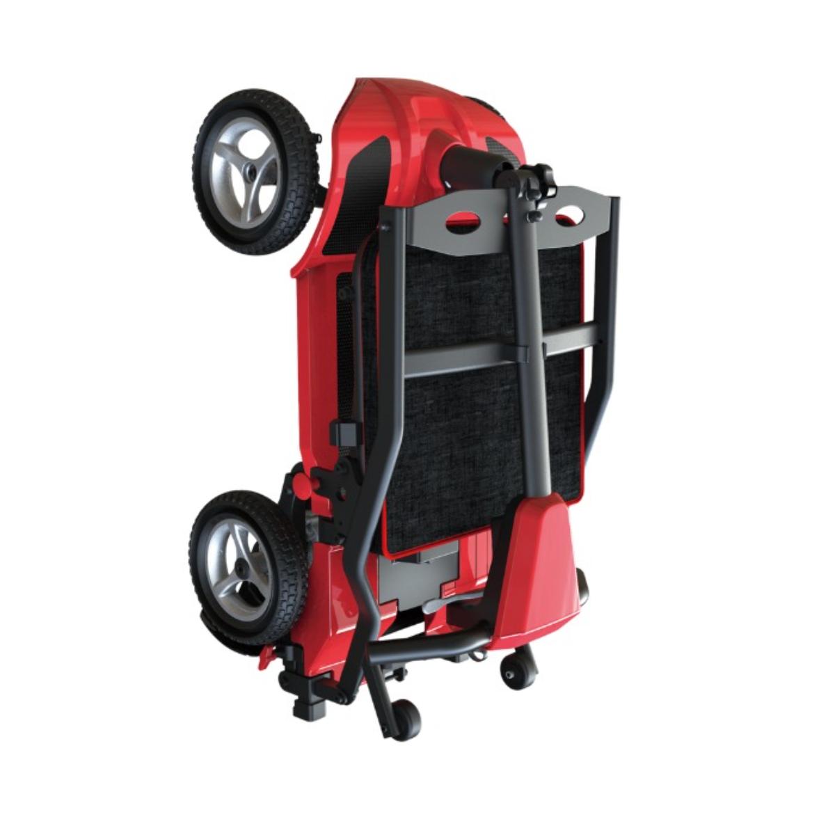 Red and black Go-Lite Travel Mobility Scooterwith wheels on a white background