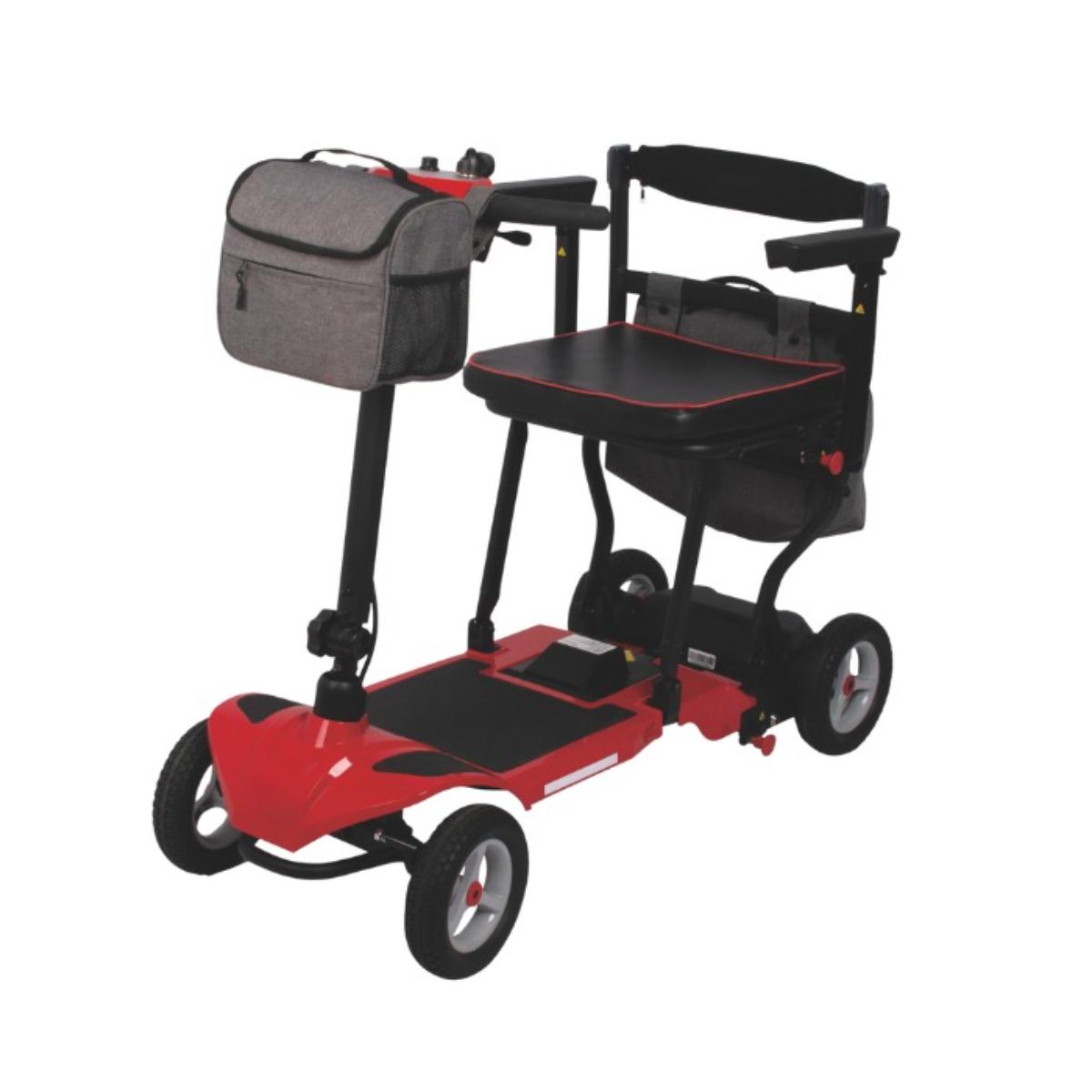Red and black Go-Lite Travel Mobility Scooter with a bag on a white background
