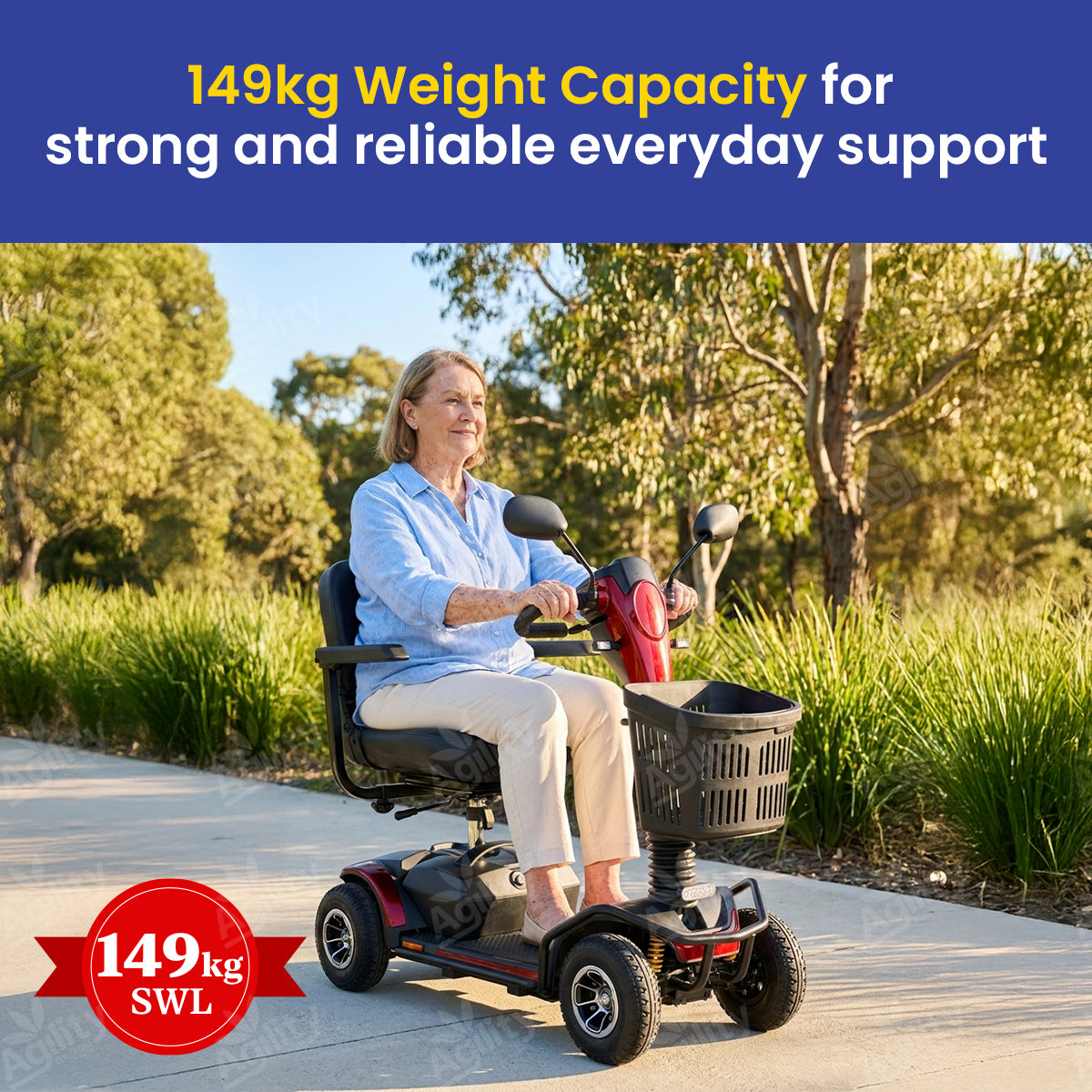 A woman using a Lion Mobility Scooter with text about weight capacity in an outdoor setting