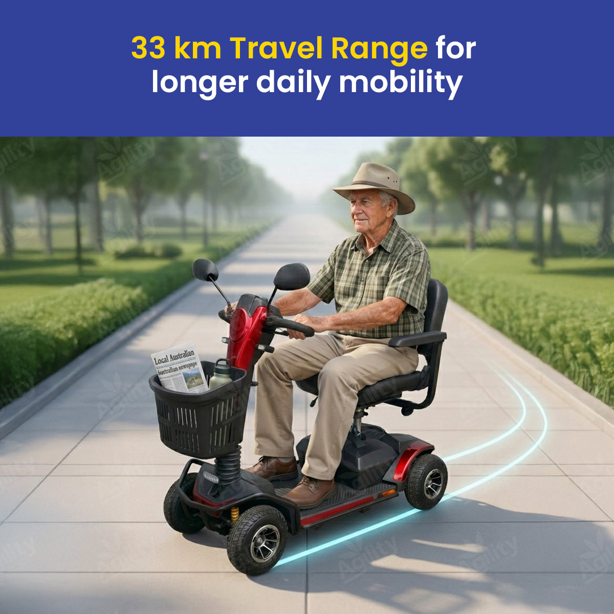 A man is using a Lion Mobility Scooter with a 33 km travel range feature, surrounded by greenery.