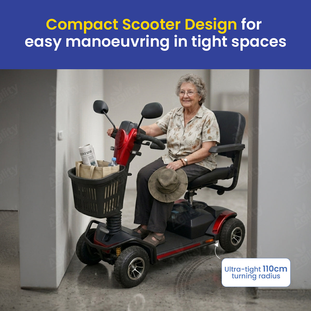 A woman is using a compact Lion scooter with text highlighting its design for easy manoeuvring in tight spaces.