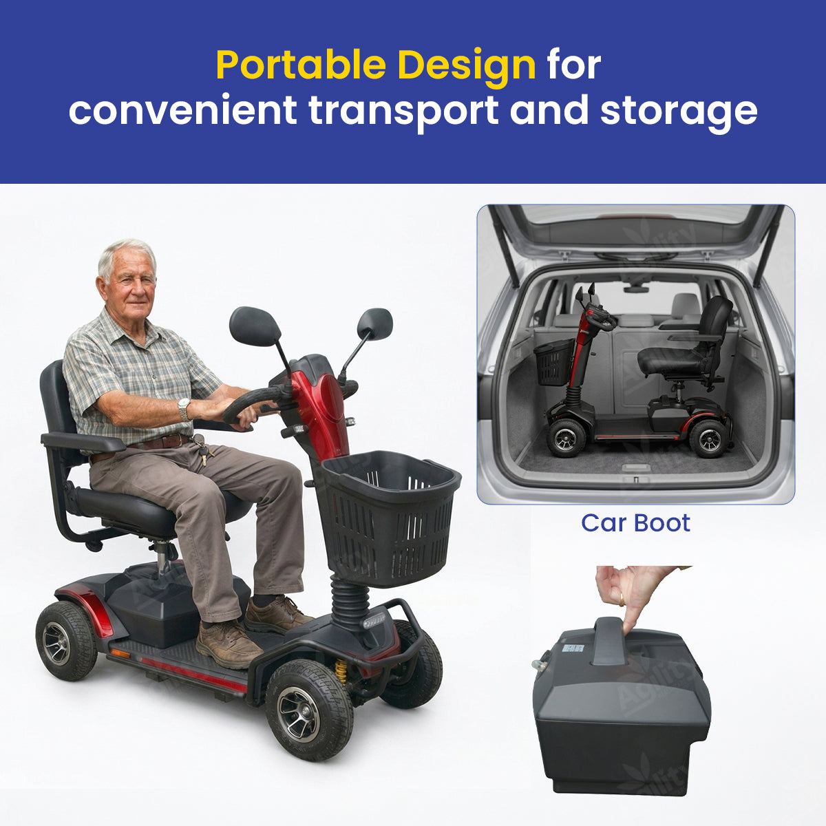 Portable Lion mobility scooter with text about convenient transport and storage, shown in a car boot.