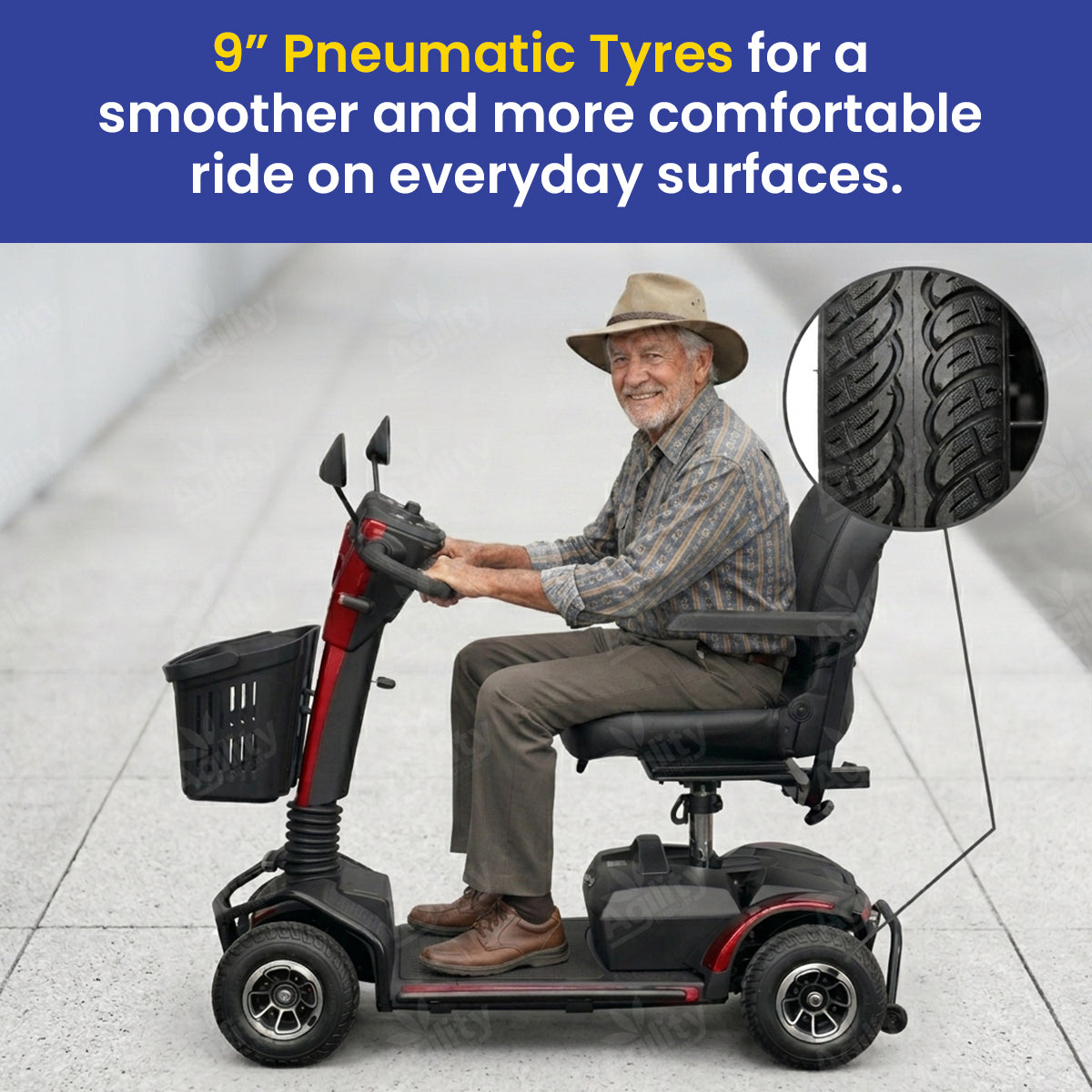 Man using a lion mobility scooter with 9-inch pneumatic tires on a tiled floor.