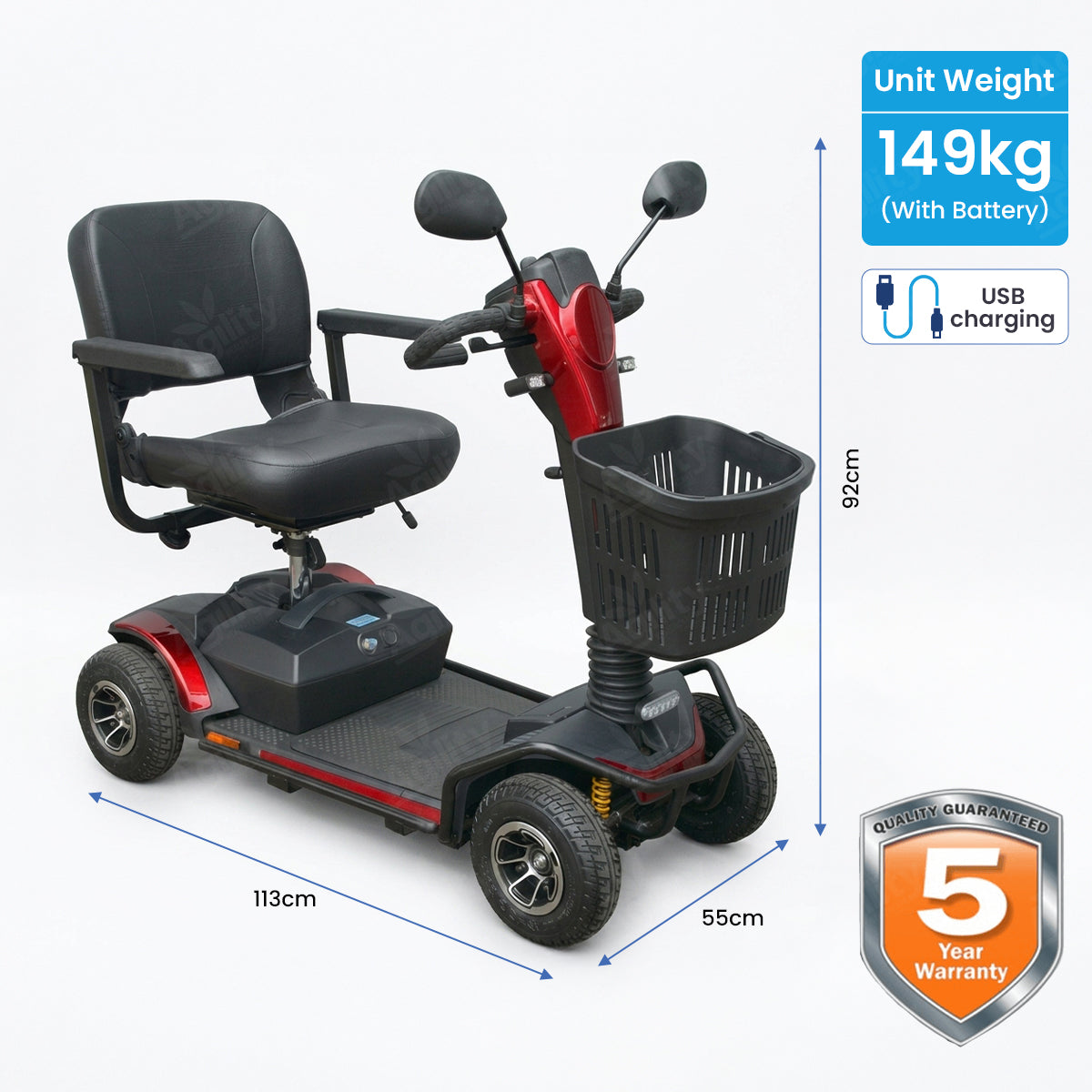 Black and red Lion Mobility Scooter with measurements and specifications on a white background