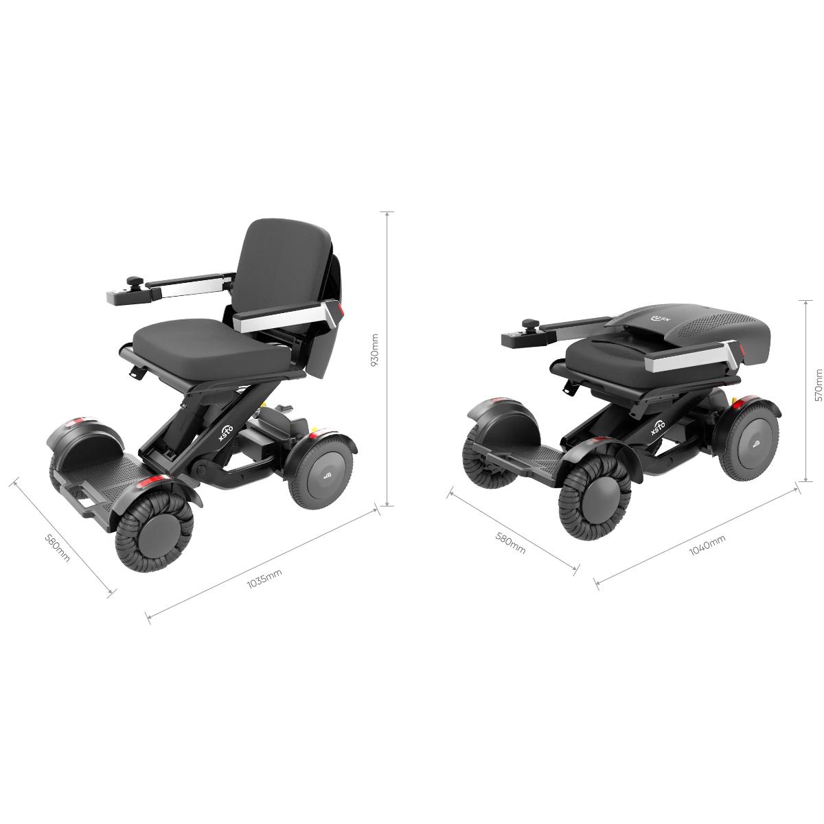 M4 Power wheelchair with dimensions indicated on a white background