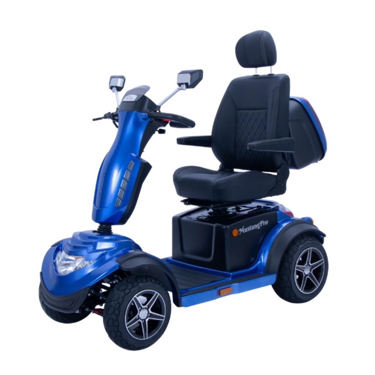 Blue Mustang mobility scooter with black seat on a white background