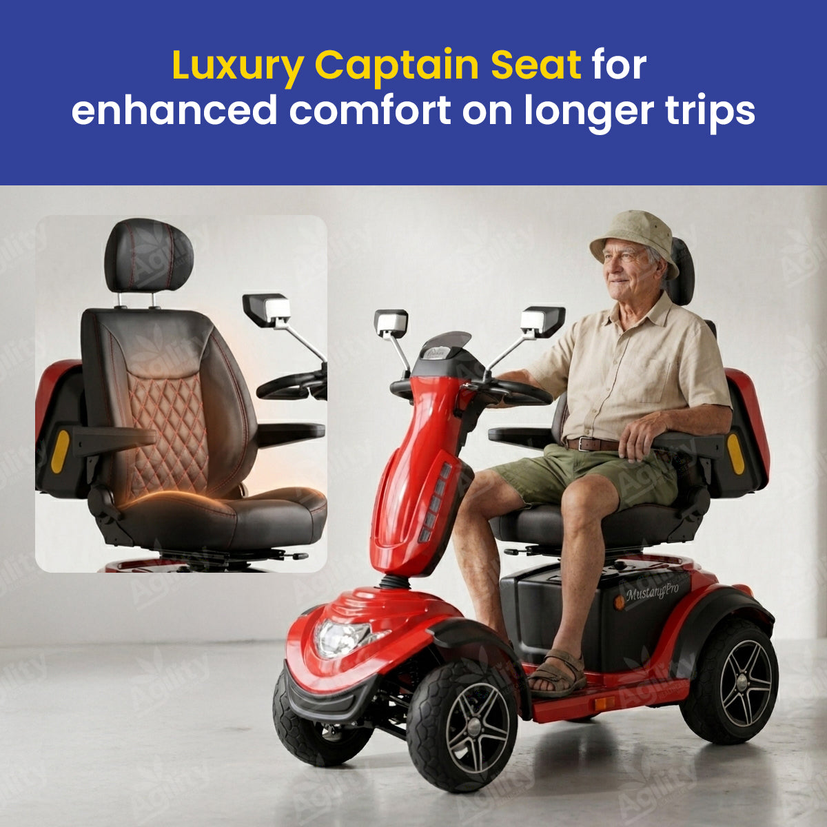 A man sitting on a red Mustang Pro Heavy Duty Mobility Scooter with a luxury captain's seat, surrounded by close-up shots of the seat.
