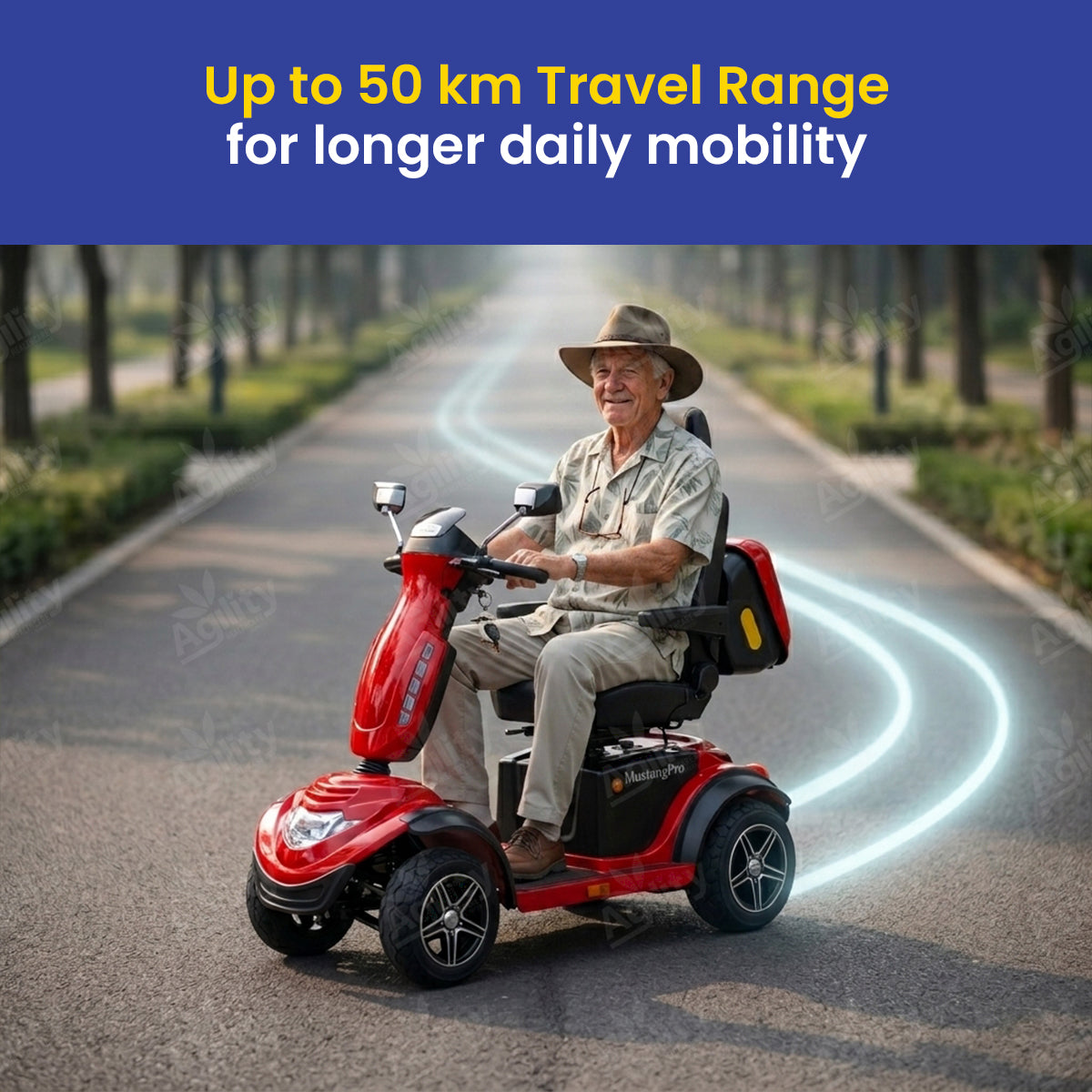 A man riding a red Mustang Pro Heavy Duty mobility scooter on a road with text about travel range.