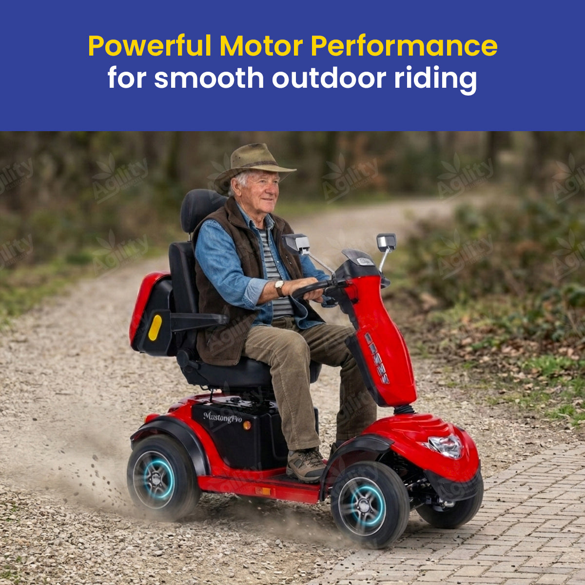 A man riding a red Mustang Pro Heavy Duty mobility scooter on a dirt path with text about powerful motor performance.