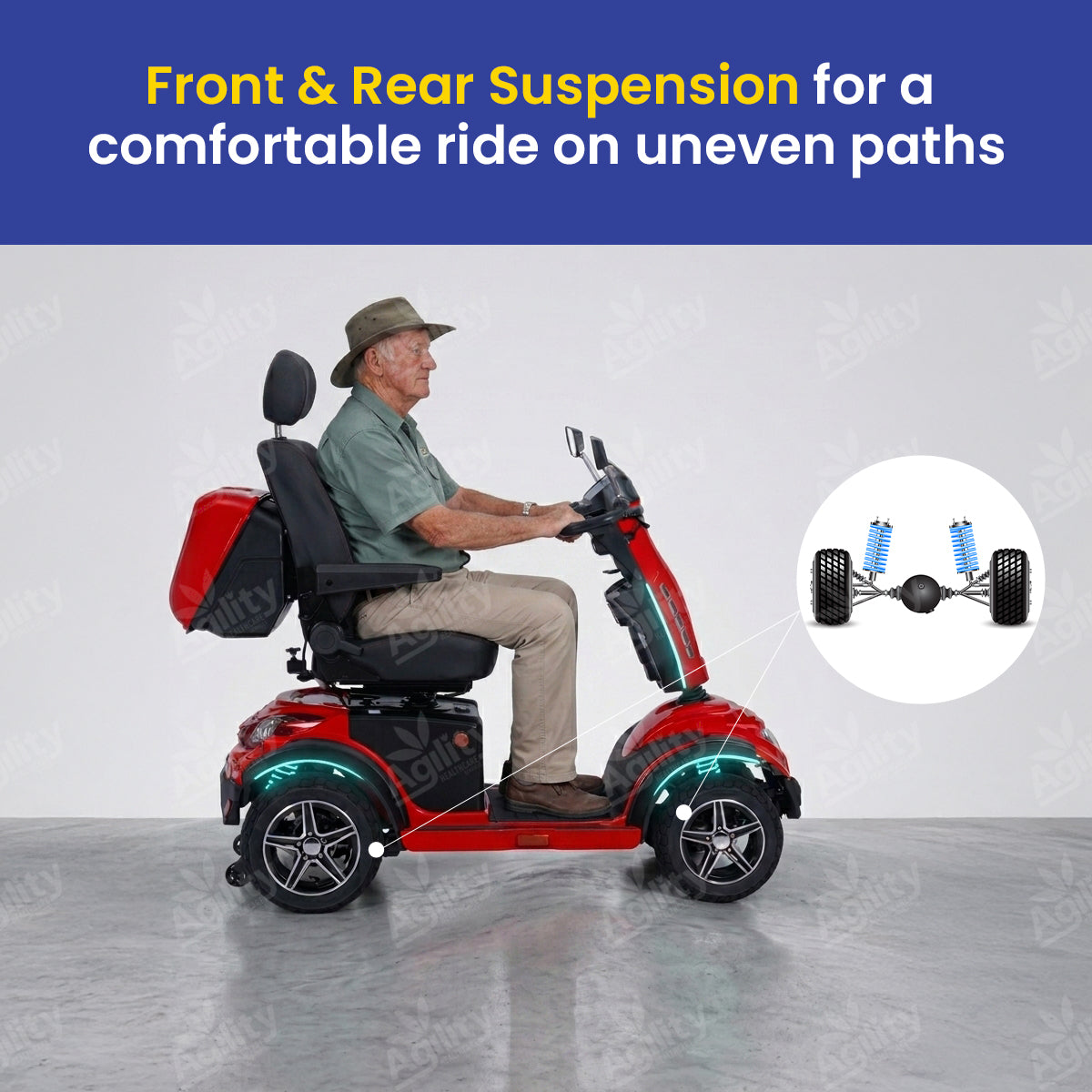 A man is using a red Mustang Pro Heavy Duty Mobility Scooter with front and rear suspension on a grey floor.