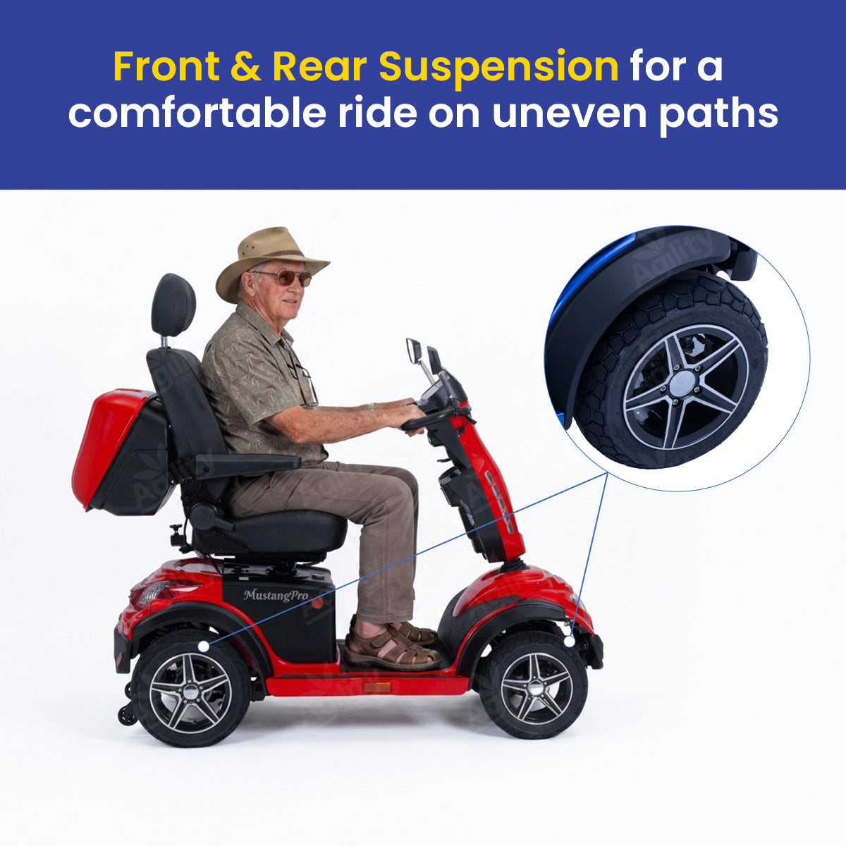 A red Mustang Pro Heavy Duty Mobility Scooter with front and rear suspension highlighted, featuring a man sitting on it.