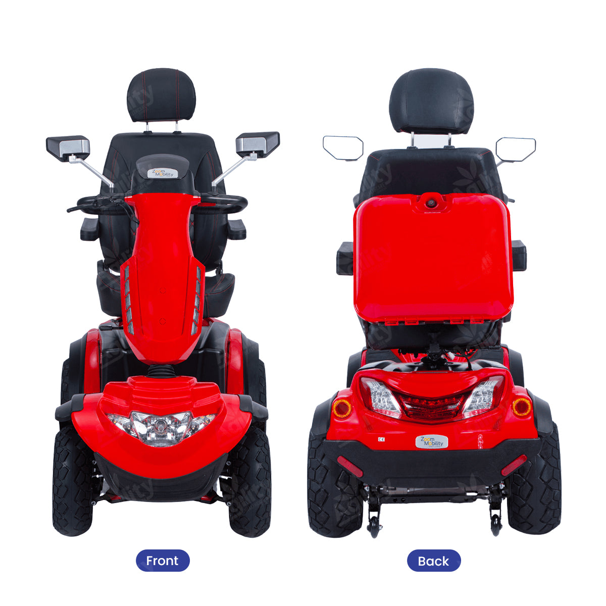 Red Mustang mobility scooter shown from front and back on a white background