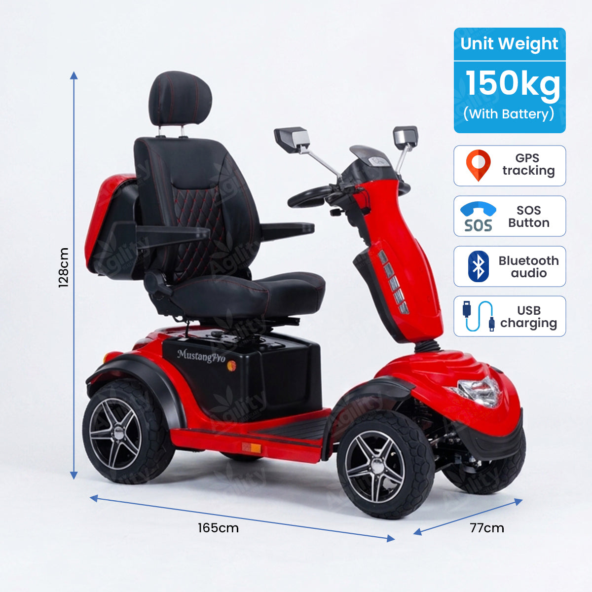 A red Mustang Pro Heavy Duty Mobility Scooter with dimensions and feature icons on a white background with 150kg unit weight with battery 