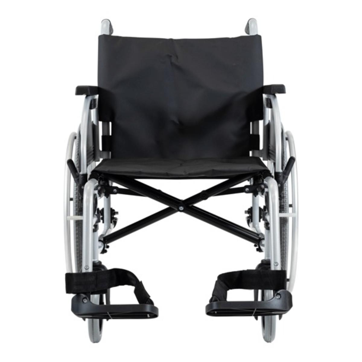 Black wheelchair with silver frame on a white background