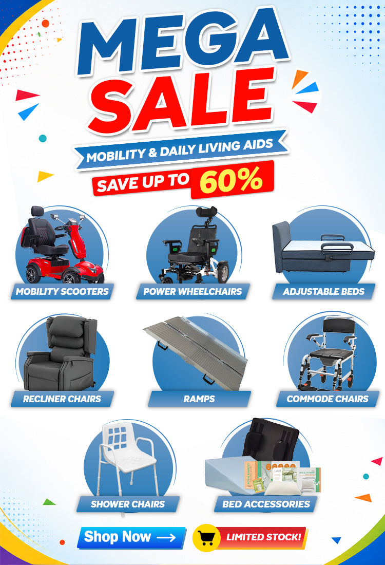 Promotional poster for a mega sale on mobility and daily living aids with various products displayed.