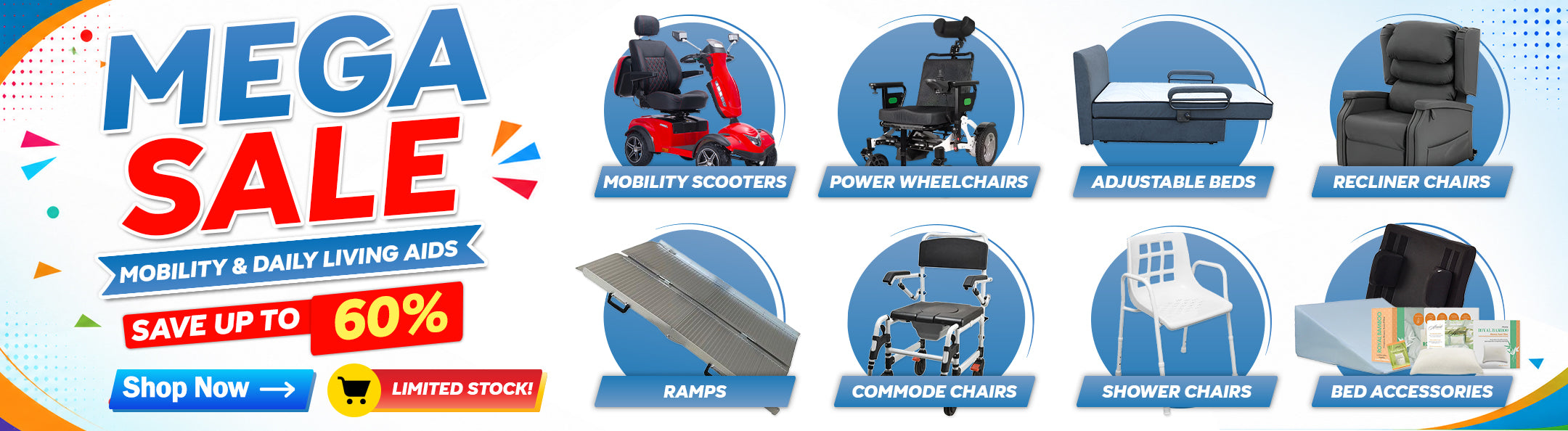 Mega sale advertisement for mobility aids with various product icons and promotional text.