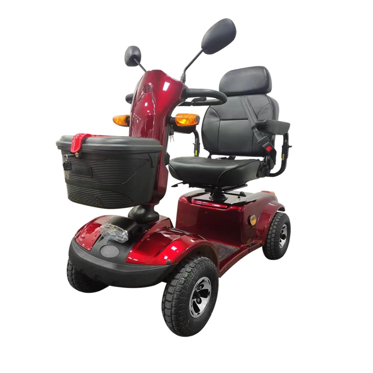 Red Outlaw Mobility scooter with black seat and basket on a white background
