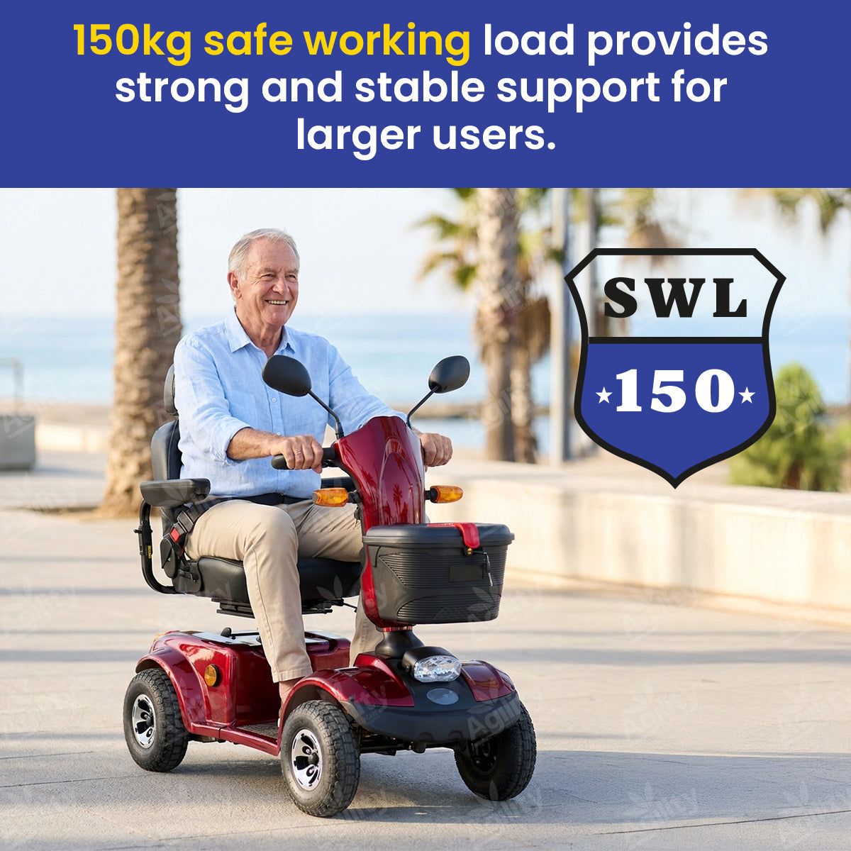 A man using a red outlaw mobility scooter with text about safe working load on a scenic background