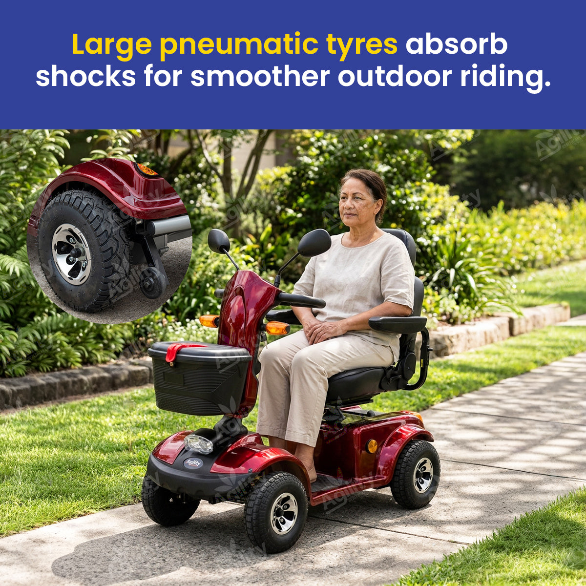 Woman using a outlaw mobility scooter with large pneumatic tires in an outdoor setting.
